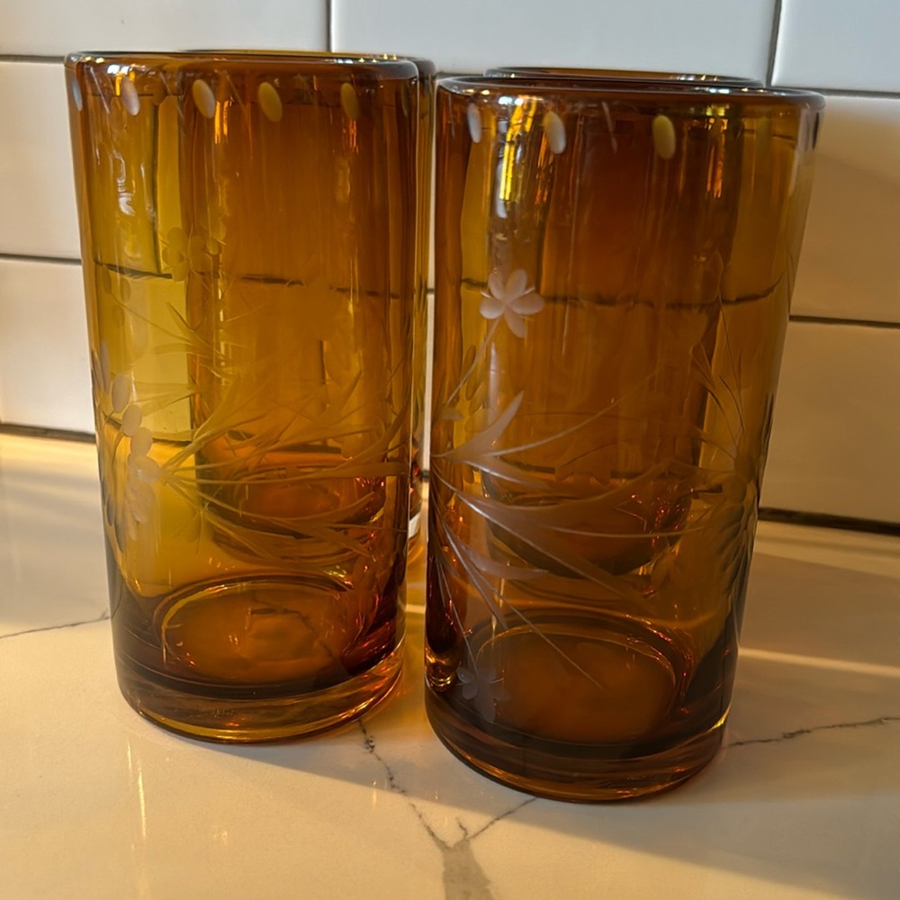 Bobby Flay Hand-Blown Amber Etched Glasses set of 4
